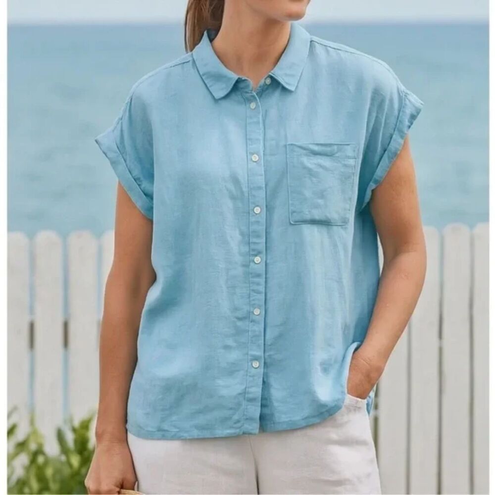 ORVIS WOMEN'S LINEN XL SHORT SLEEVE BLUE XL